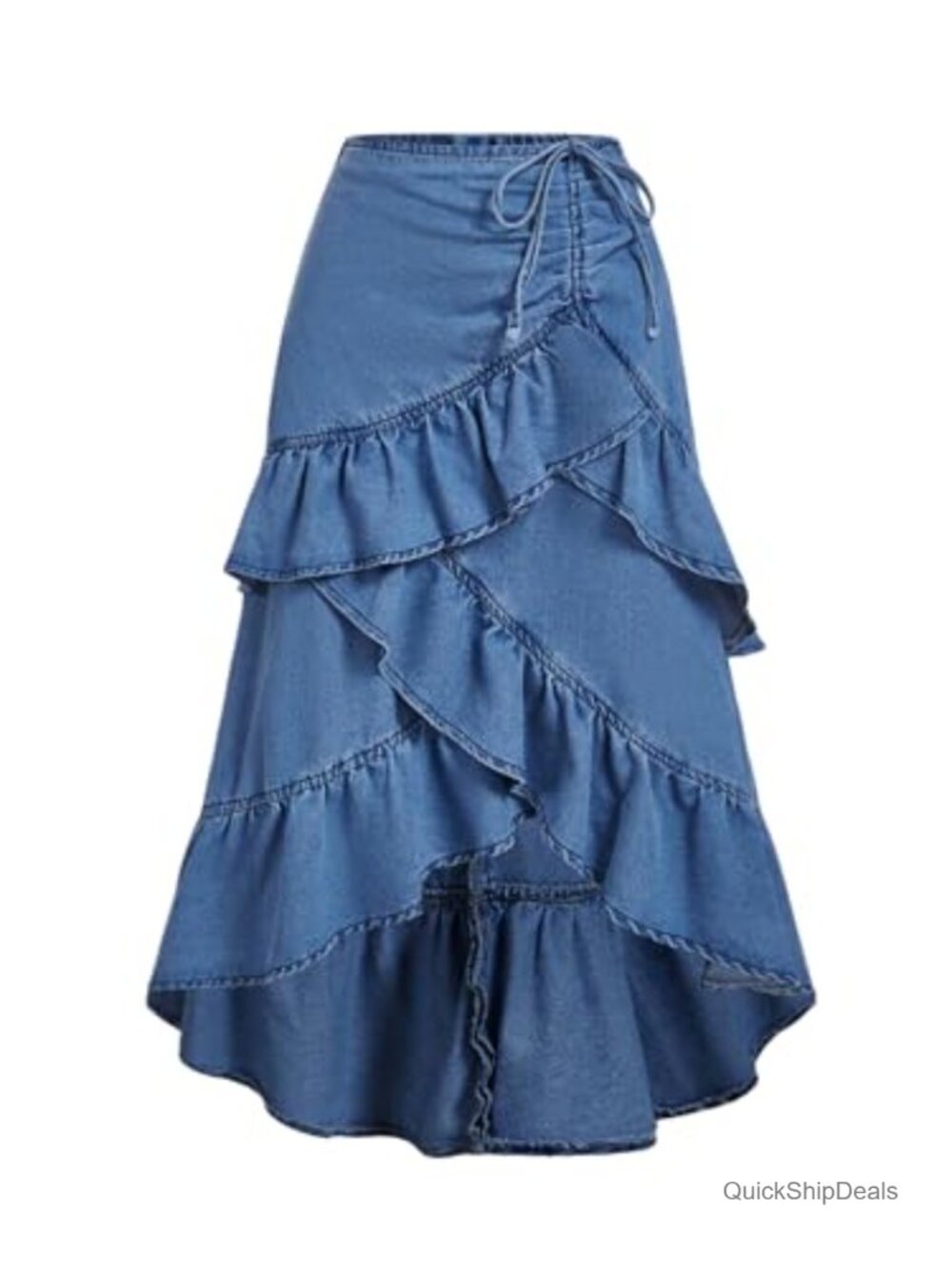 Plus Size Ruffle Jean Skirt Y2k Bow Layered Asymmetrical Midi Denim Skirt